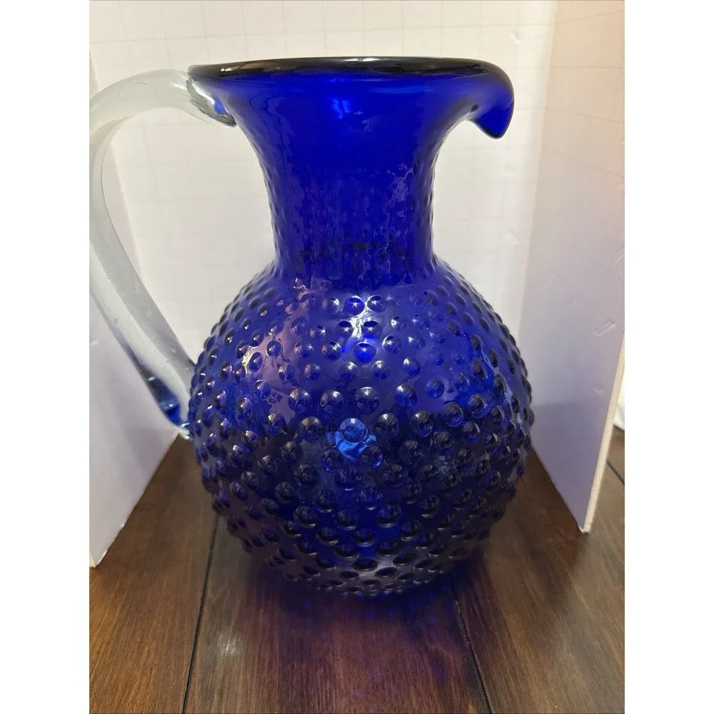 Vintage Colbalt Blue Hobnail Hand Blown Large Glass Pitcher